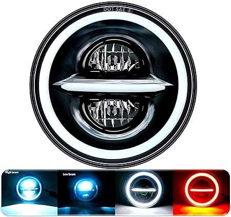 ELTRON TURBO Warranty Imported DC Power Minus DRL 7 Inchs Headlight Front LED Headlight Bulb White and Yellow, Angel Eye Lamp Compatible for All Bullet & Thar Models, Hi And Low Beam Amber (Pack Of 1)