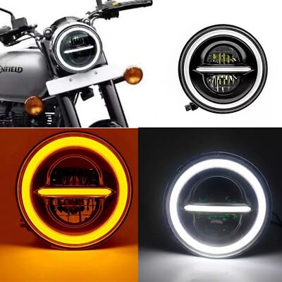 ELTRON TURBO Warranty Imported DC Power Minus DRL 7 Inchs Headlight Front LED Headlight Bulb White and Yellow, Angel Eye Lamp Compatible for All Bullet & Thar Models, Hi And Low Beam Amber (Pack Of 1)