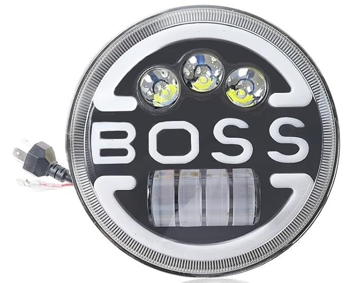 ELTRON TURBO Imported Heavy Duty 7 Inch LED 12V DC Power BOSS Style Round Shape Headlight Waterproof DRL White and Yellow, Angel Eye Lamp Compatible for all Thar & Bullet Models, Hi/Low Beam Amber