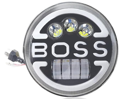 ELTRON TURBO Imported Heavy Duty 7 Inch LED 12V DC Power BOSS Style Round Shape Headlight Waterproof DRL White and Yellow, Angel Eye Lamp Compatible for all Thar & Bullet Models, Hi/Low Beam Amber
