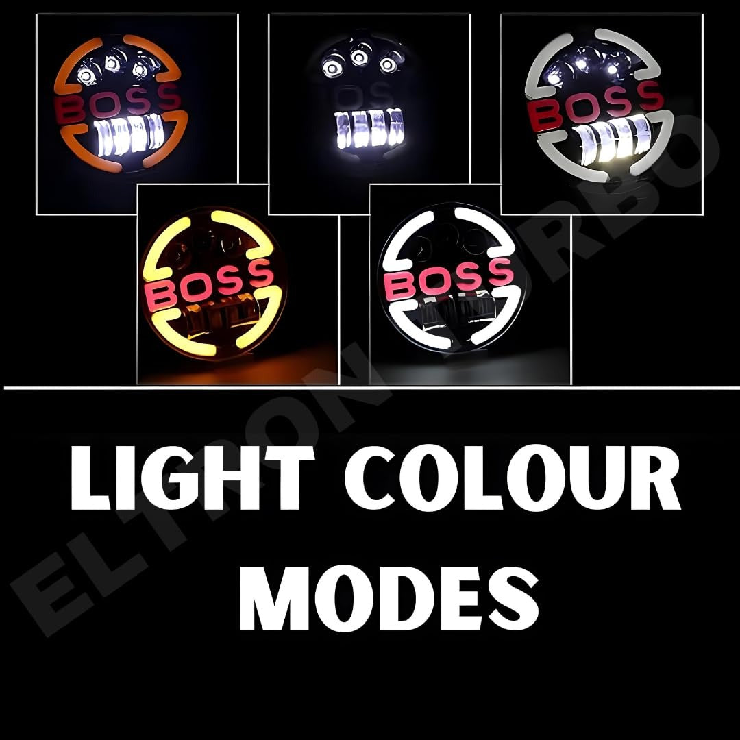 ELTRON TURBO Imported Heavy Duty 7 Inch LED 12V DC Power BOSS Style Round Shape Headlight Waterproof DRL White and Yellow, Angel Eye Lamp Compatible for all Thar & Bullet Models, Hi/Low Beam Amber