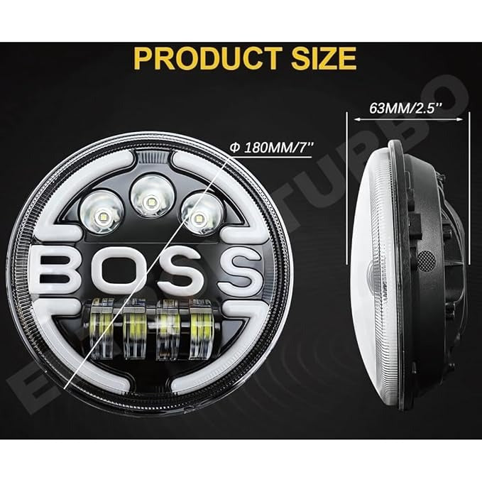 ELTRON TURBO Imported Heavy Duty 7 Inch LED 12V DC Power BOSS Style Round Shape Headlight Waterproof DRL White and Yellow, Angel Eye Lamp Compatible for all Thar & Bullet Models, Hi/Low Beam Amber