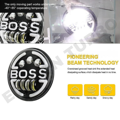 ELTRON TURBO Imported Heavy Duty 7 Inch LED 12V DC Power BOSS Style Round Shape Headlight Waterproof DRL White and Yellow, Angel Eye Lamp Compatible for all Thar & Bullet Models, Hi/Low Beam Amber