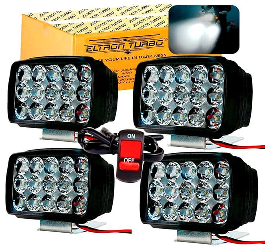 ELTRON TURBO ELT545I 15 LED Fog Light 12V DC Power, Fog Head Lamp Waterproof, Bar Light Off-Roading Universal For All Bikes, Motorcycle, Scooty (Pack of 4, Free On/Off Switch, White)