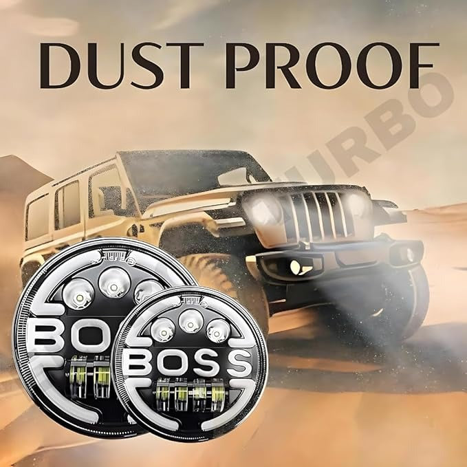 ELTRON TURBO Imported Heavy Duty 7 Inch LED 12V DC Power BOSS Style Round Shape Headlight Waterproof DRL White and Yellow, Angel Eye Lamp Compatible for all Thar & Bullet Models, Hi/Low Beam Amber