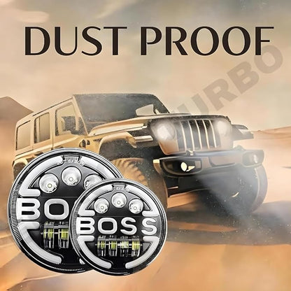 ELTRON TURBO Imported Heavy Duty 7 Inch LED 12V DC Power BOSS Style Round Shape Headlight Waterproof DRL White and Yellow, Angel Eye Lamp Compatible for all Thar & Bullet Models, Hi/Low Beam Amber