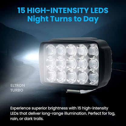 ELTRON TURBO ELT541YGRT Original Imported 12V DC Power Waterproof 15 LED Fog Head Lamp, Bar Light Off-Roading Universal For All Motorcycle, Bikes, Scooty