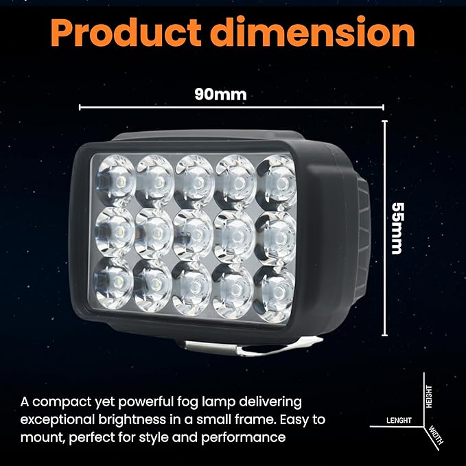 ELTRON TURBO ELT541YGRT Original Imported 12V DC Power Waterproof 15 LED Fog Head Lamp, Bar Light Off-Roading Universal For All Motorcycle, Bikes, Scooty