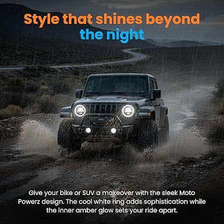 ELTRON TURBO Warranty Imported DC Power Minus DRL 7 Inchs Headlight Front LED Headlight Bulb White and Yellow, Angel Eye Lamp Compatible for All Bullet & Thar Models, Hi And Low Beam Amber (Pack Of 1)