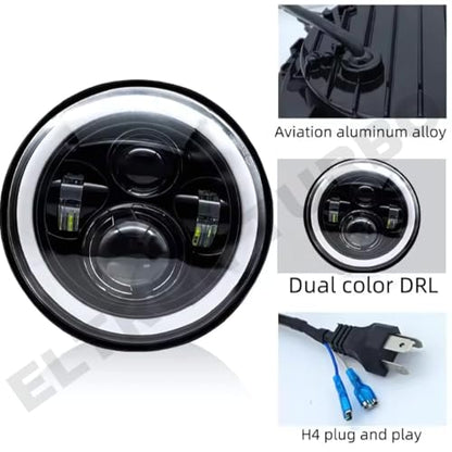 ELTRON TURBO Imported Warranty DC Power Full Ring DRL 7 Inch Headlight Front LED Headlight Bulb White and Yellow, Angel Eye Lamp Compatible for all Thar & Bullet Models, Hi/Low Beam Amber (Pack Of 1)