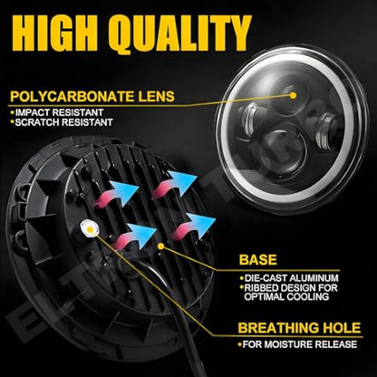 ELTRON TURBO Imported Warranty DC Power Full Ring DRL 7 Inch Headlight Front LED Headlight Bulb White and Yellow, Angel Eye Lamp Compatible for all Thar & Bullet Models, Hi/Low Beam Amber (Pack Of 1)