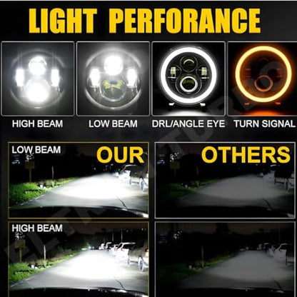ELTRON TURBO Imported Warranty DC Power Full Ring DRL 7 Inch Headlight Front LED Headlight Bulb White and Yellow, Angel Eye Lamp Compatible for all Thar & Bullet Models, Hi/Low Beam Amber (Pack Of 1)