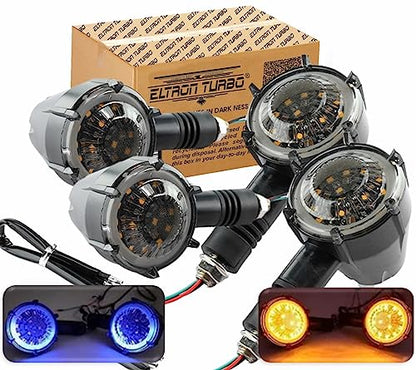 ELTRON TURBO Original Waterproof Flexible Rubber Smd New Round Running Indicators High Bright Universal For All Bikes Models Turn Led Signal Lights Motorcycle (Amber And Blue) (Pack Of 4)