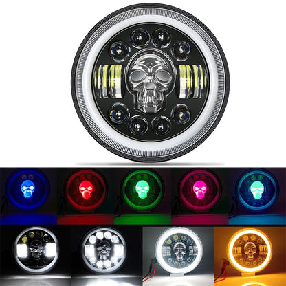 ELTRON TURBO LED Headlight DRL with Turn Signal Indicator 12V 240W multicolour Light Compatible with Classic/Standard Bullet Motorcycle, THAR CARS 7 INCH (Skull Design)