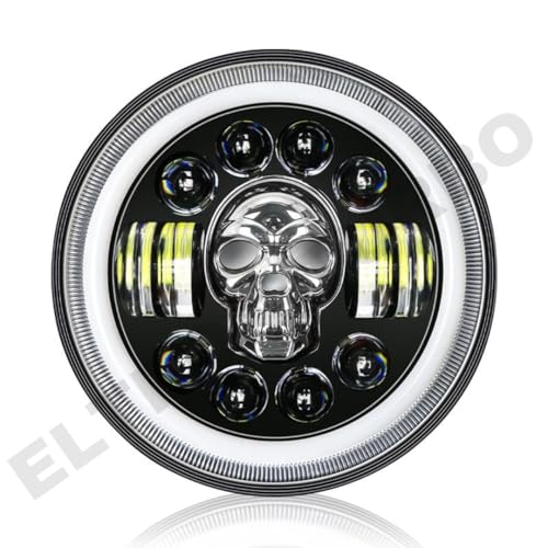 ELTRON TURBO LED Headlight DRL with Turn Signal Indicator 12V 240W multicolour Light Compatible with Classic/Standard Bullet Motorcycle, THAR CARS 7 INCH (Skull Design)