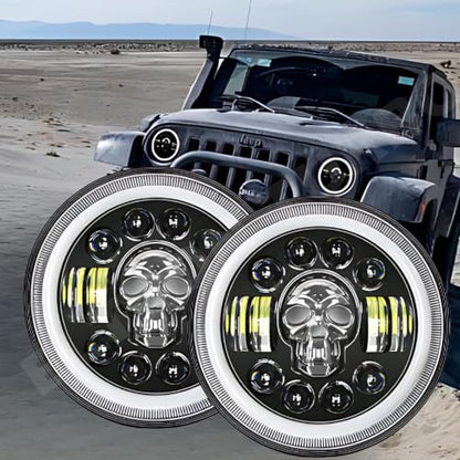 ELTRON TURBO LED Headlight DRL with Turn Signal Indicator 12V 240W multicolour Light Compatible with Classic/Standard Bullet Motorcycle, THAR CARS 7 INCH (Skull Design)