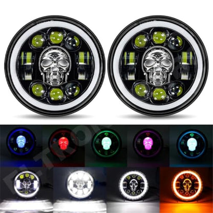 ELTRON TURBO LED Headlight DRL with Turn Signal Indicator 12V 240W multicolour Light Compatible with Classic/Standard Bullet Motorcycle, THAR CARS 7 INCH (Skull Design)