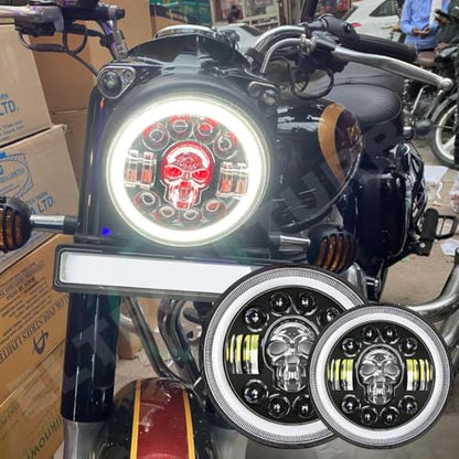 ELTRON TURBO LED Headlight DRL with Turn Signal Indicator 12V 240W multicolour Light Compatible with Classic/Standard Bullet Motorcycle, THAR CARS 7 INCH (Skull Design)