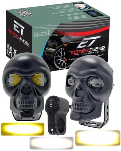 ELTRON TURBO Imported 3 Months Warranty Skull Original Design 12-24V 110W DC Power Led Bright Fog Light Waterproof Spotlight Universal Fit For All Bikes,Scooties,Car (Pack of 2, Yellow, White, Switch)